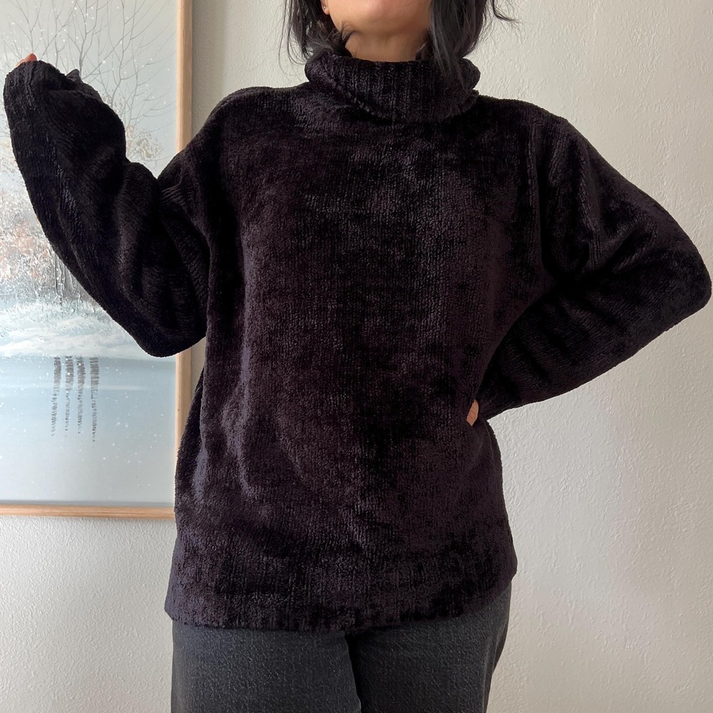 Vintage 90s Chenille Turtleneck Sweater Black Plush Cozy Minimalist Pullover - Picture 5 of 14